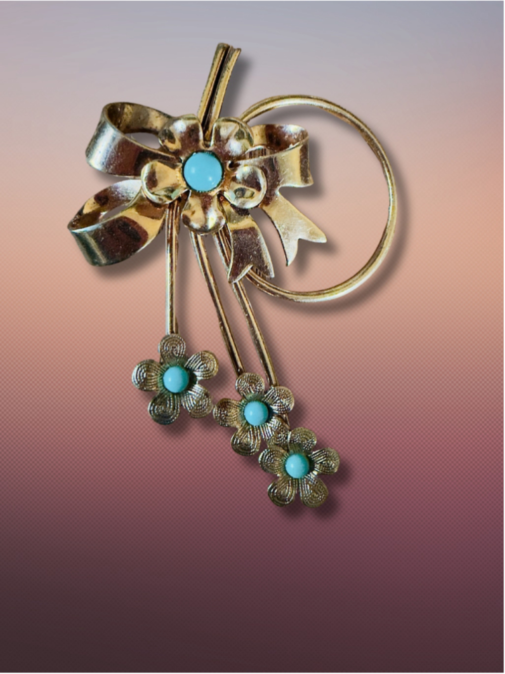 Vintage Gold-Tone Floral Spray Brooch Faux Turquoise